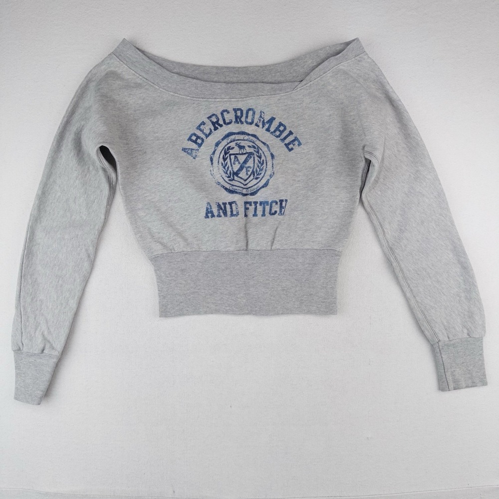 90's Vtg Abercrombie & Fitch Women's S Gray Off Shoulder Sweatshirt Flock Print